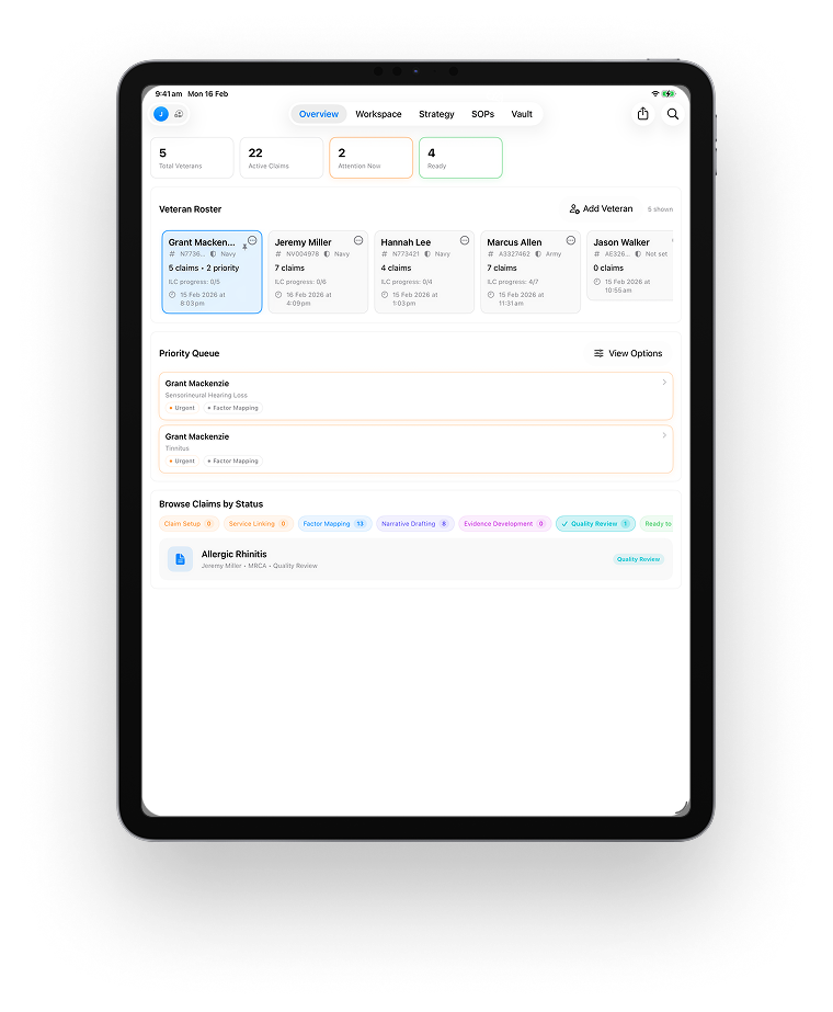 Veteran Overview dashboard showing open claims, actions and reminders