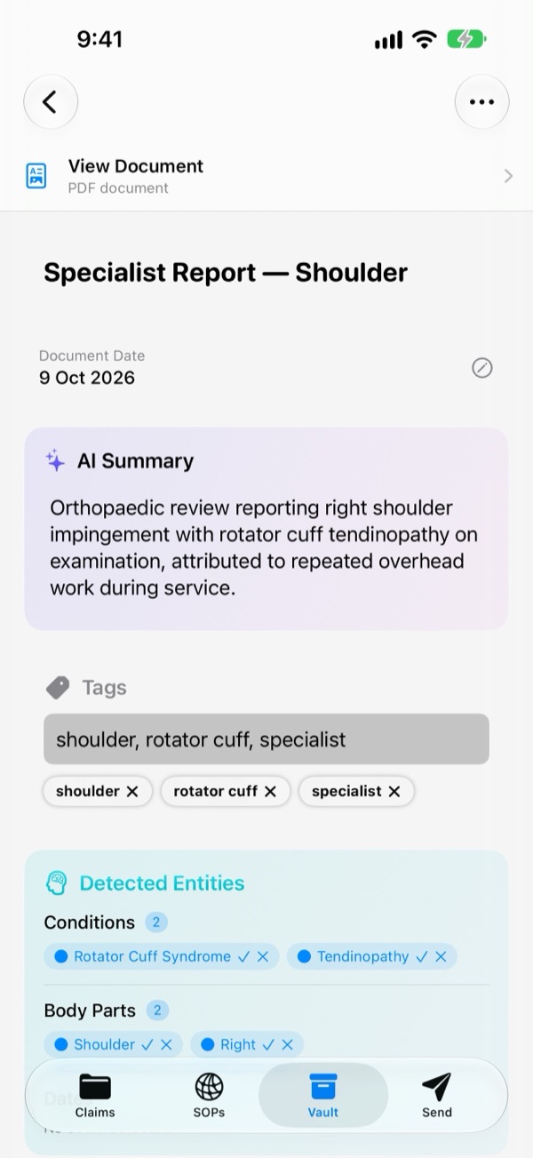 A specialist report open on iPhone with its on-device AI summary and detected conditions