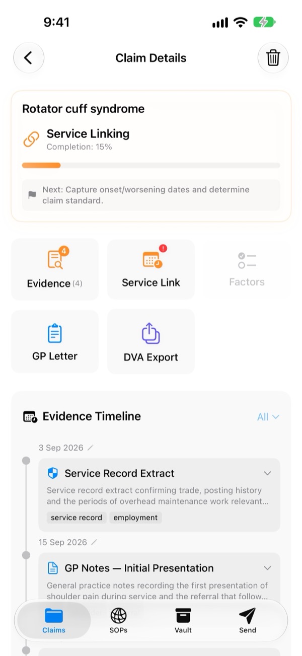 Claim details on iPhone with service linking progress, evidence, GP letter and DVA export