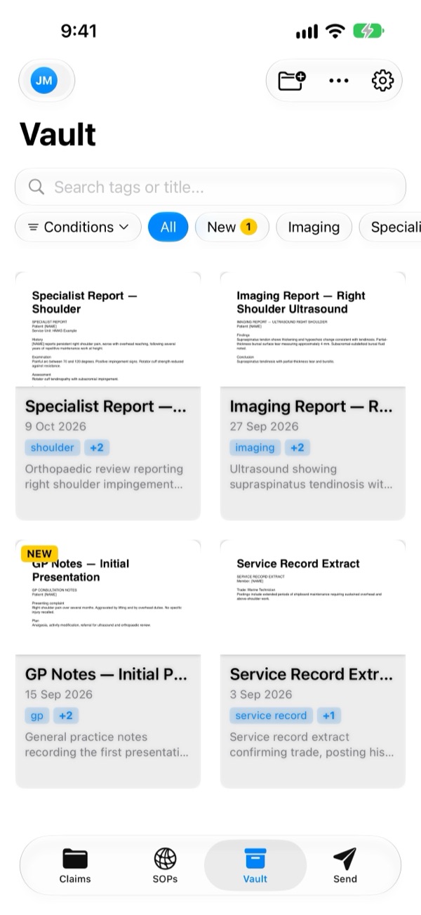 Evidence Vault on iPhone, filtered by condition, showing tagged medical documents