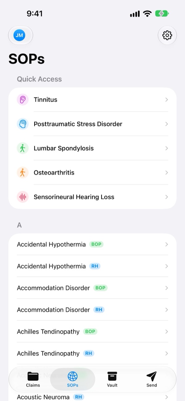 SOP Navigator list on iPhone with quick access to common conditions