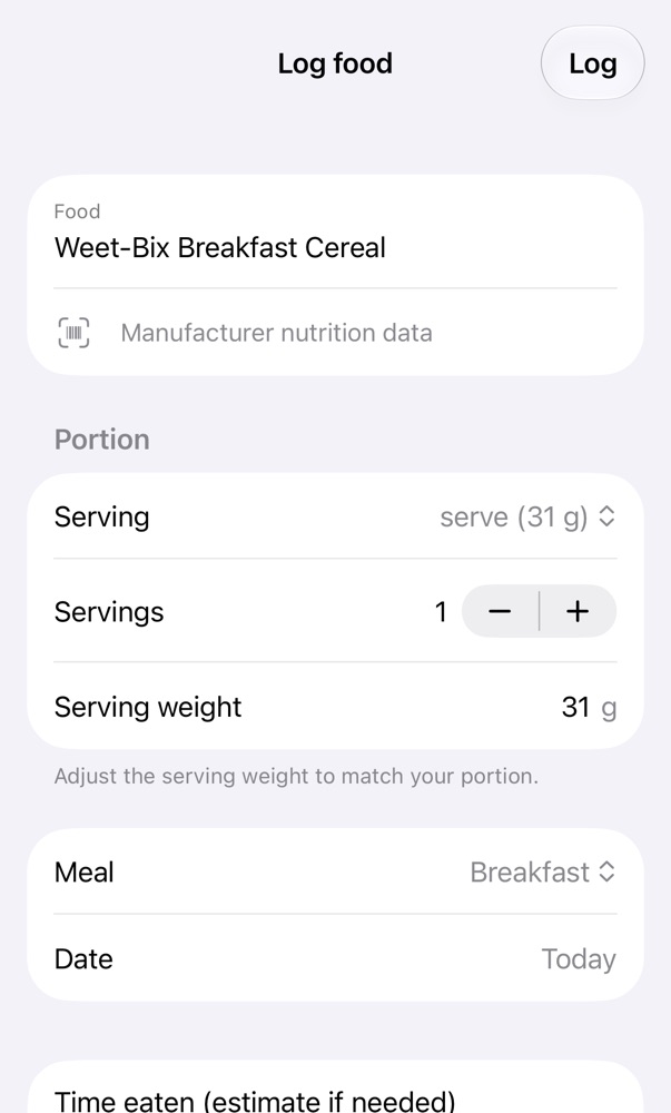 A scanned Weet-Bix product showing manufacturer nutrition data and portion
