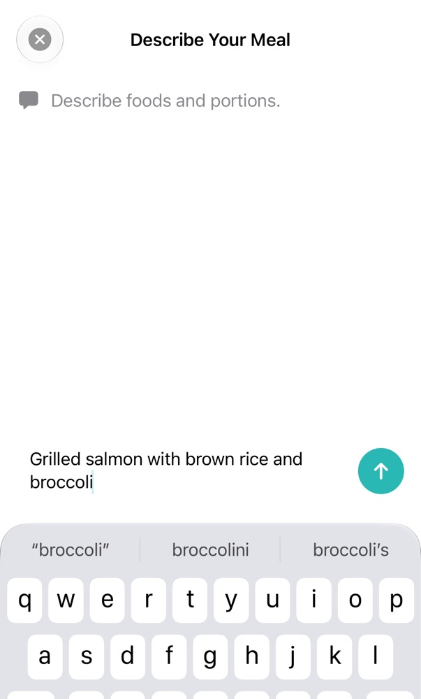 Describe Your Meal screen with “Grilled salmon with brown rice and broccoli” typed in