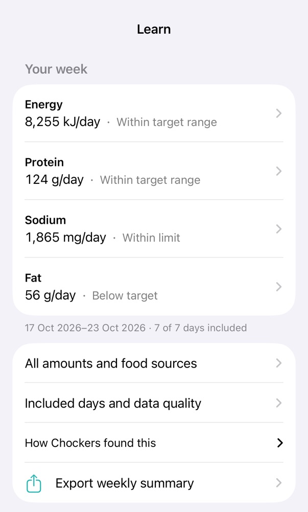 Weekly summary with included days, data quality and export