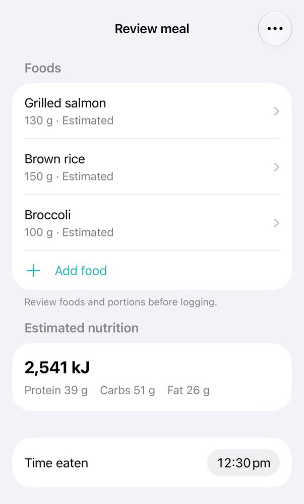 Meal review: grilled salmon 130 g, brown rice 150 g and broccoli 100 g, each estimated, 2,541 kJ in total