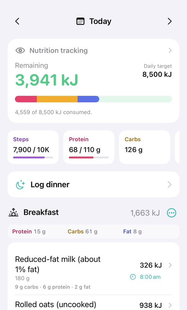 Today screen: 3,941 kJ remaining of 8,500 kJ, protein 68 of 110 g, and breakfast logged